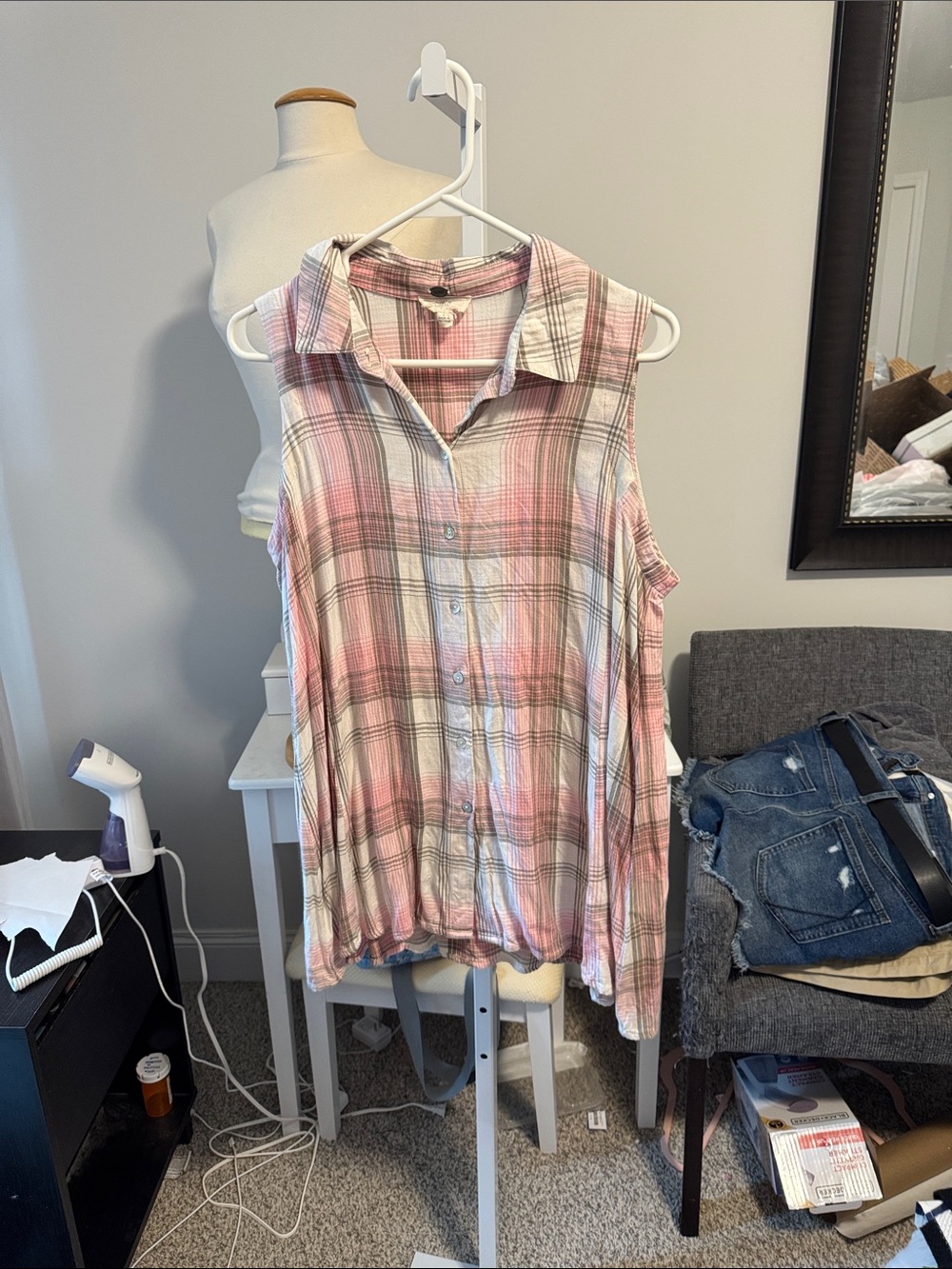Cupio Pink and White Plaid Sleeveless Button-Down Shirt